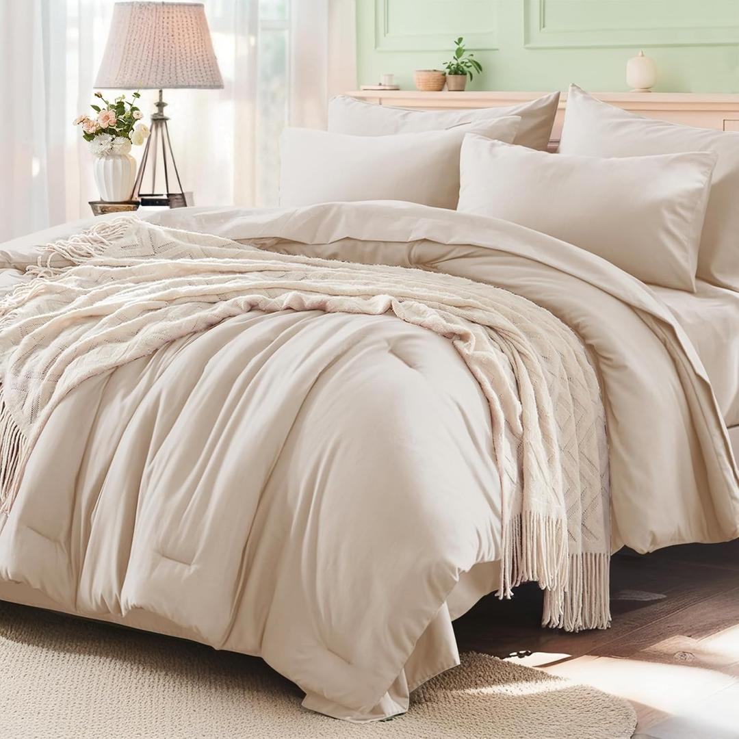Anluoer Beige King Comforter Set 7 Pieces, Bed in a Bag with Sheets, All Season Bedding Sets with 1 Comforter, 2 Pillow Shams, 2 Pillowcases, 1 Flat Sheet, 1 Fitted Sheet | Softness, High Quality, Warmth, Comfort, OEKO