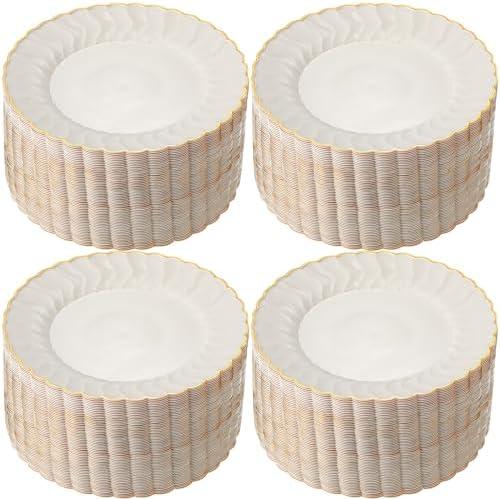 Havawish 75 Pcs Ivory Plastic Plates 10.25 Inch Disposable Dinner Plates with Gold Rim Elegant Scalloped Wedding Party Dinnerware for Holidays Thanksgiving Christmas Weddings Party