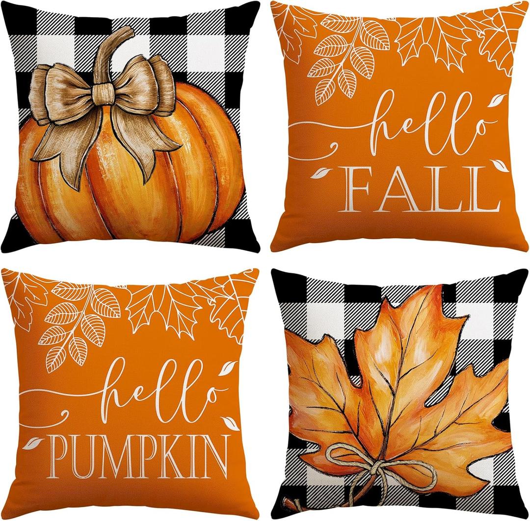 Artscope Fall Pillow Covers 20x20 Inch Set of 4, Hello Fall Hello Pumpkin Buffalo Plaid Maple Leaves Harvest Outdoor Decorative Farmhouse Pillow Cases for Home Sofa Couch-Orange B