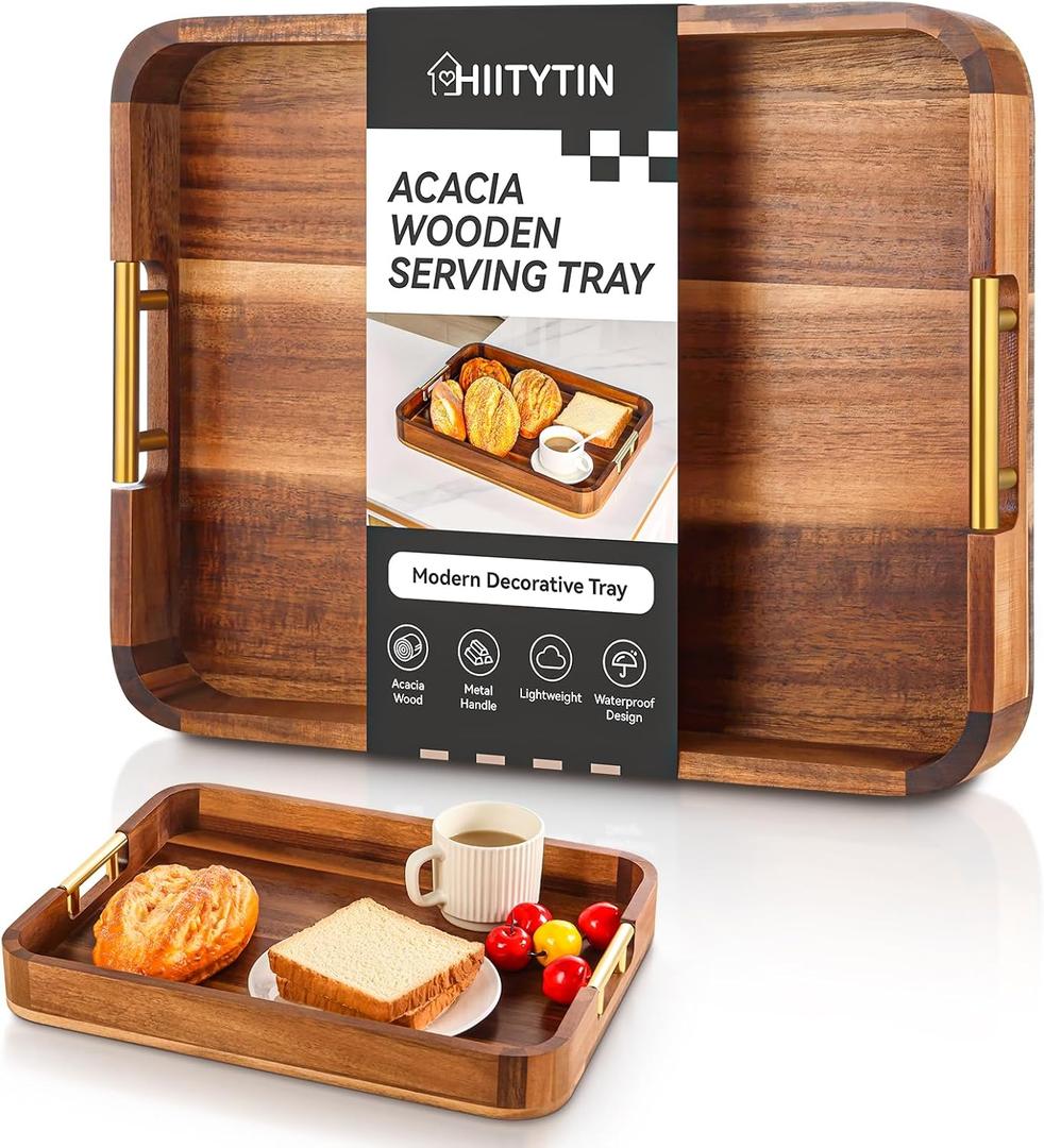 Wood Serving Tray with Metal Handles, Ottoman Tray Large Acacia Wooden Decorative Serving Tray for Coffee Table Living Room, 16.5" x 12.5" x 2.3"