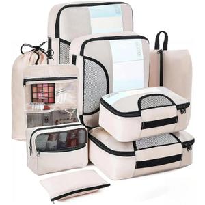 Cross-Border 8 Pieces Travel Storage Bags, Luggage Storage Bags, Luggage Travel Accessories, Luggage Bags, Packaging Storage Bags (Wash Beige 8-piece Set)