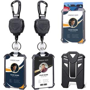 Badge Holder Retractable Clip Heavy Duty Carabiner Badge Reel Keychain with Lanyard ID Cards Holder Cool Tactical ID Holder (2 Holders and 2 Badge Reels (Black # 02))