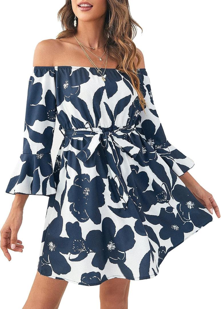Off Shoulder Ruffle Dress for Women, A-Line Mini Dress with Belt, Fitted Bust Summer Wedding Guest Dress (XL)