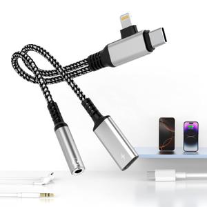Opluz Lightning/Type C to 3.5mm Headphone and Charger Adapter, 2-in-1 USB C to Aux Audio Jack and 60W USB-C Fast Charging Dongle Cable Splitter Compatible with Phone 16 15 13 14 Pro Max,Galaxy,Pixe