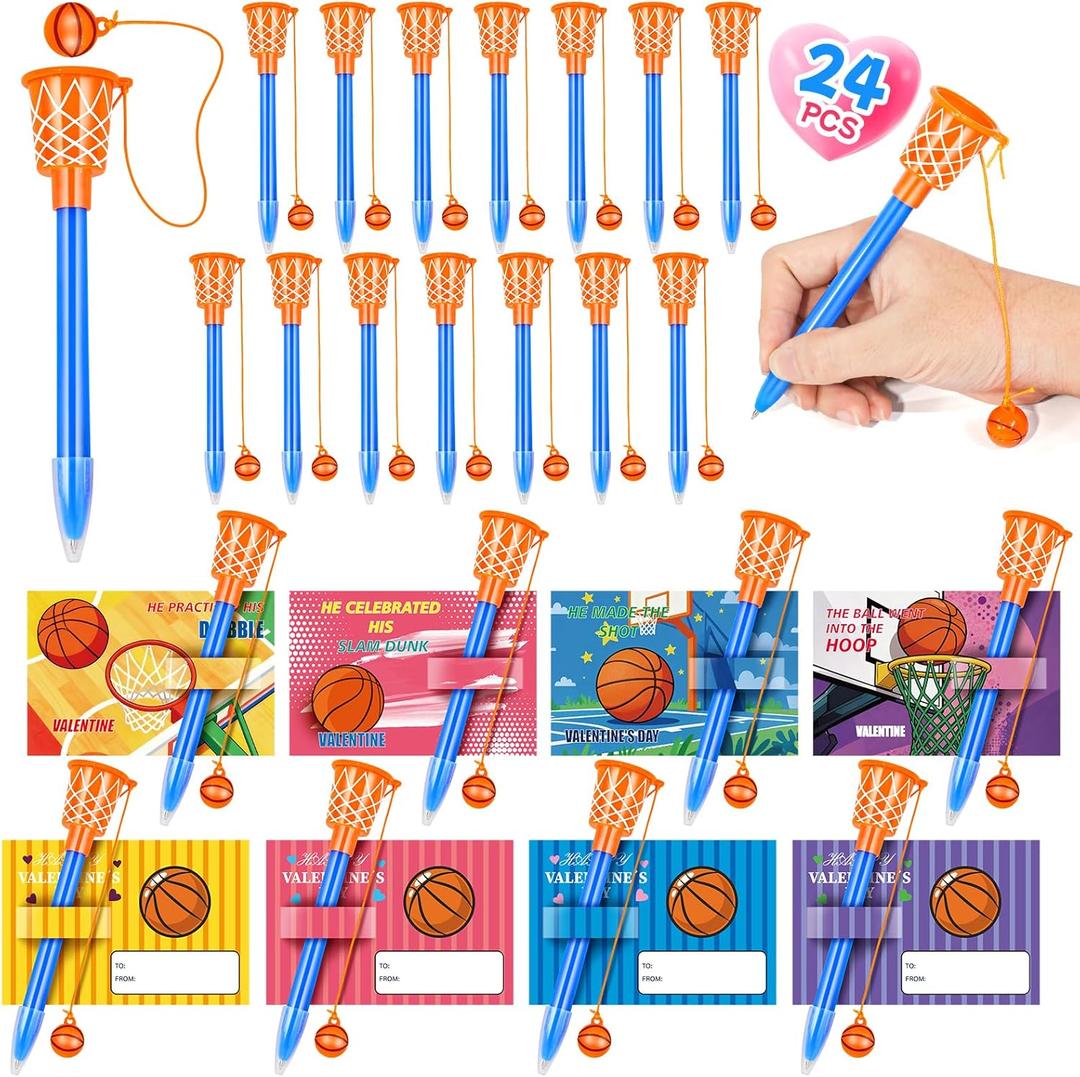 24 Pcs Valentines Day Basketball Hoop Pens Bulk with Greeting Cards Basketball Themed Party Favors Sport Novelty Pens School Classroom Office Gifts Exchange Goodie Bag Stuffers for Kids Teens Adults