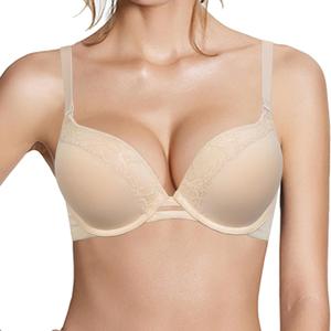 Push Up Thick Padded Plunge Underwire T Shirt Lace Bra Lift Support for Women Add One Cup Size 40A (Beige)