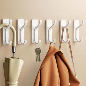 pickpiff Self Adhesive Wall Hooks for Hanging - Stick On Holds 13 LB, Door Hooks for Towels, Coats, Purse, Bags, Hanger for Shower, Bathroom, Kitchen – Stainless, Metal, White 3 Pack