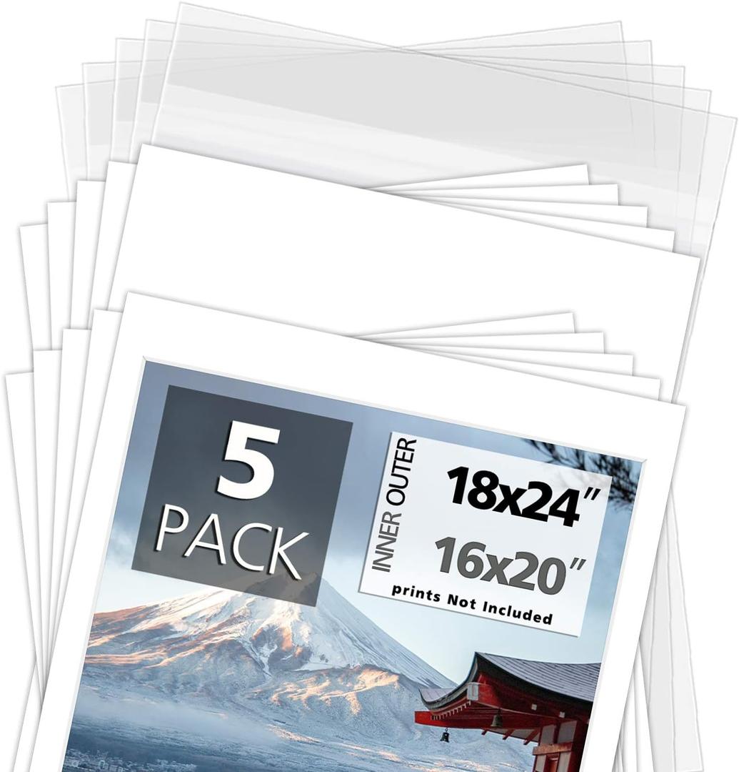 Mat Board Center, Pack of 5, 18x24 for 16x20 White Photo Picture Mat Set - Mat, Backing, Clear Bag - Acid Free, 4-ply Thickness - for Pictures, Photos, Framing