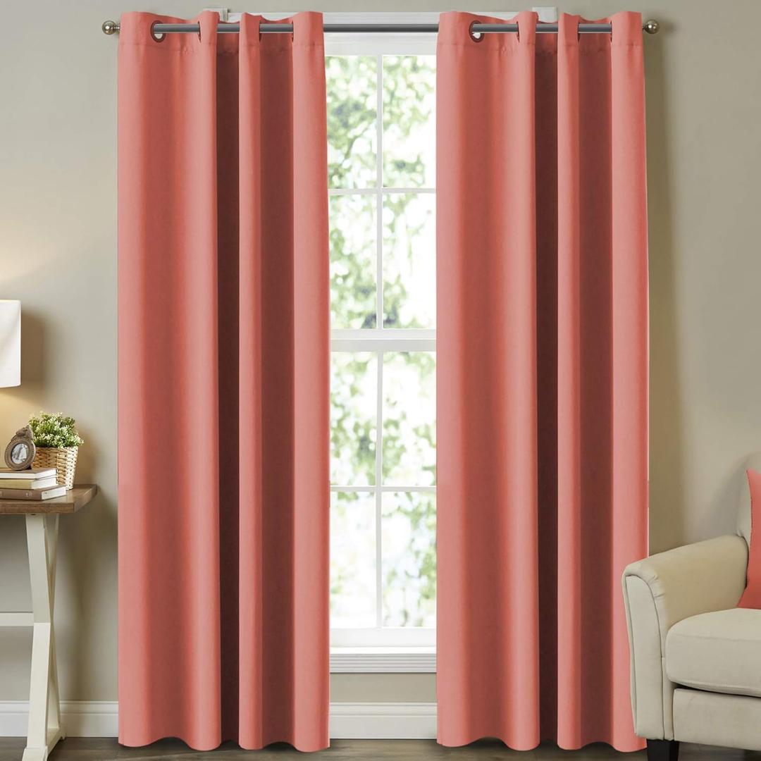 Thermal Insulated Sliding Window Curtains, Blackout Curtains for Living Room Energy Efficient Window Curtains/Drapes Solid 2 Panels Each Panel 52 in x 108 in (W x L) Grommet, Solid Coral