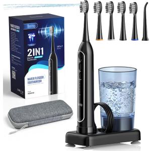 Electric Toothbrush with Water Flosser Combo, 2-in-1 Flosses and Sonic Toothbrush, Flossing Toothbrush for Adults, Cordless Water Flosser for Home and Travel, Portable Travel Case Included