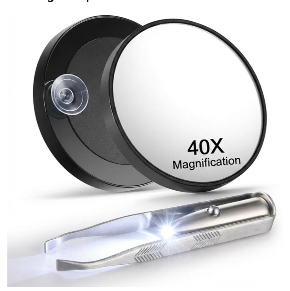 40X Magnifying Mirror with Suction Cup & LED Lighted Tweezers Set, 2 in 1 Hands-Free Makeup Mirror with Light and Precision Light Up Tweezers