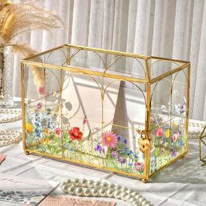 AerWo Glass Wedding Card Box with Lock, Gold Rim Gift Card Box for Wedding with Flower Patterns, Clear Wedding Card Boxes for Reception Memory Money Box for Graduation Baby Shower Birthday Party Decor