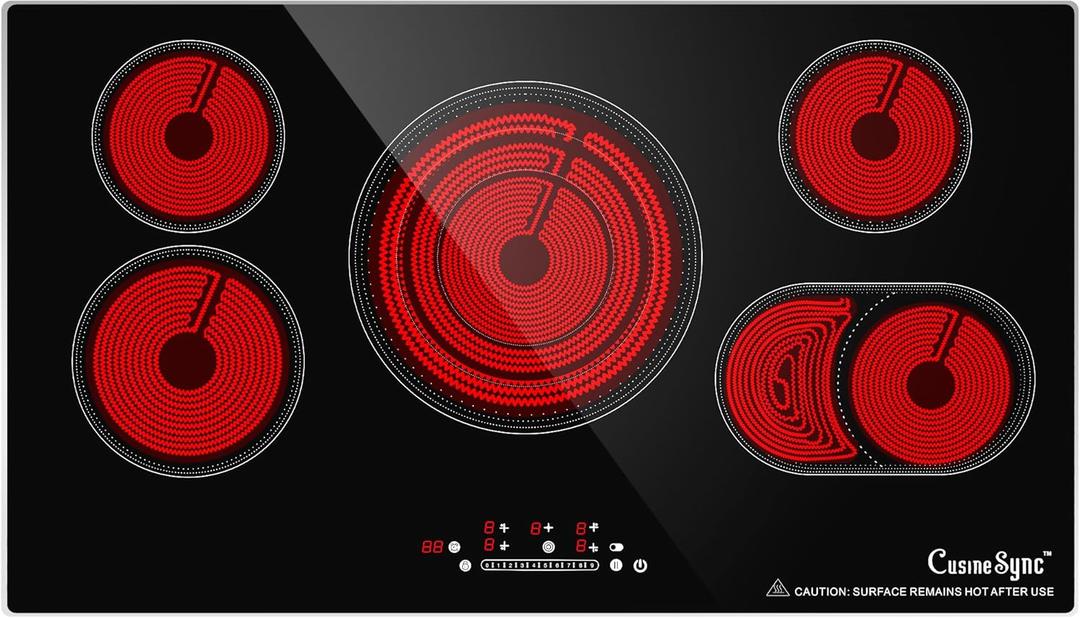 36 Inch Electric Cooktop 5 Burner, 9200W Built-In Ceramic Radiant Stove Top, 240V Hardwired, Works with All Cookware, Touch Control, Timer, Child Lock, Easy Clean Glass Surface