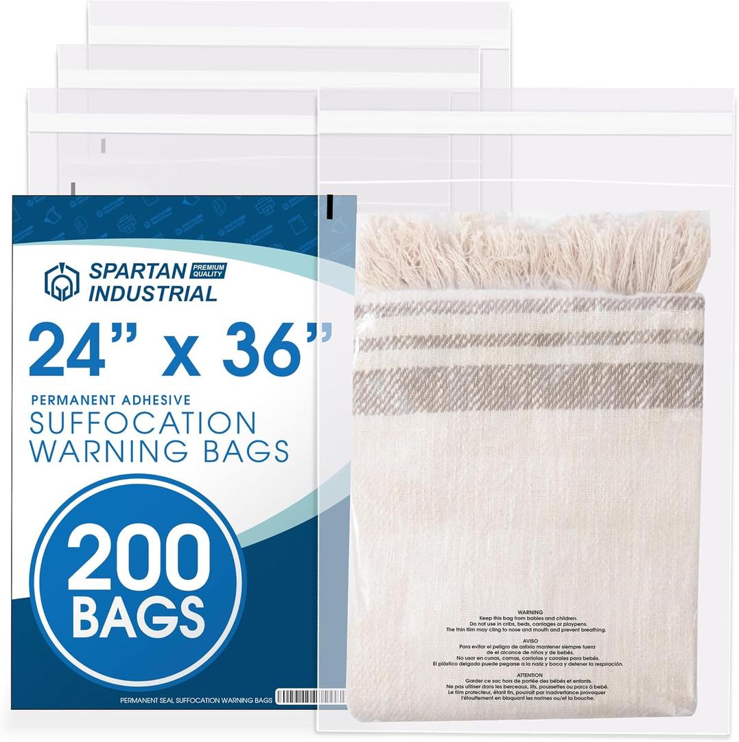 Spartan Industrial - 24" X 36" (200 Count) Self Seal Clear Poly Bags with Suffocation Warning for Packaging, Shipping - Permanent Adhesive