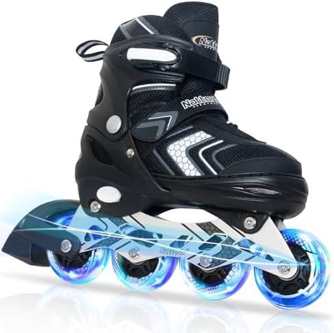 Nattork Adjustable Inline Skates for Girls and Boys with Full Light up Wheels, Beginner Roller Skates for Kids Youth Purple Pink Blue Black