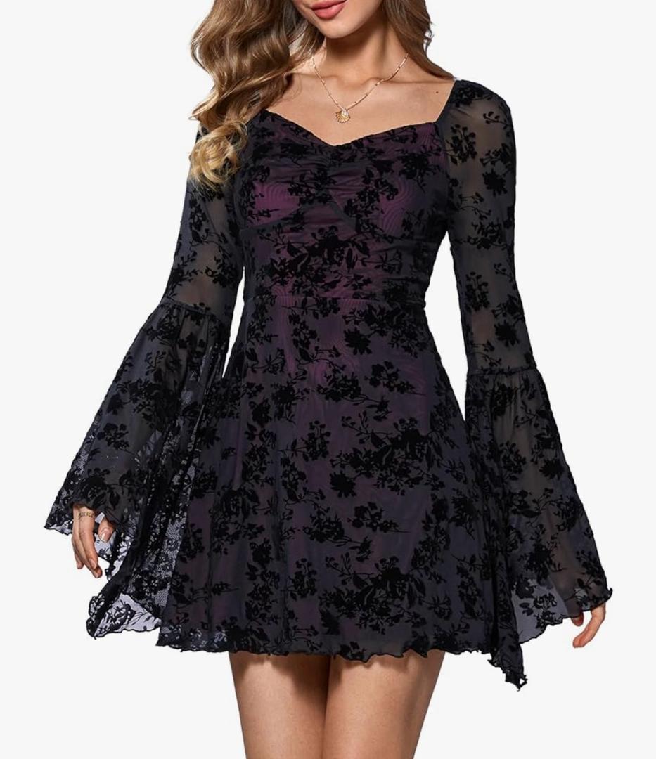 WDIRARA Women's Floral Jacquard Mesh Gothic Dress Bell Long Sleeve A Line Vintage Dresses. XL