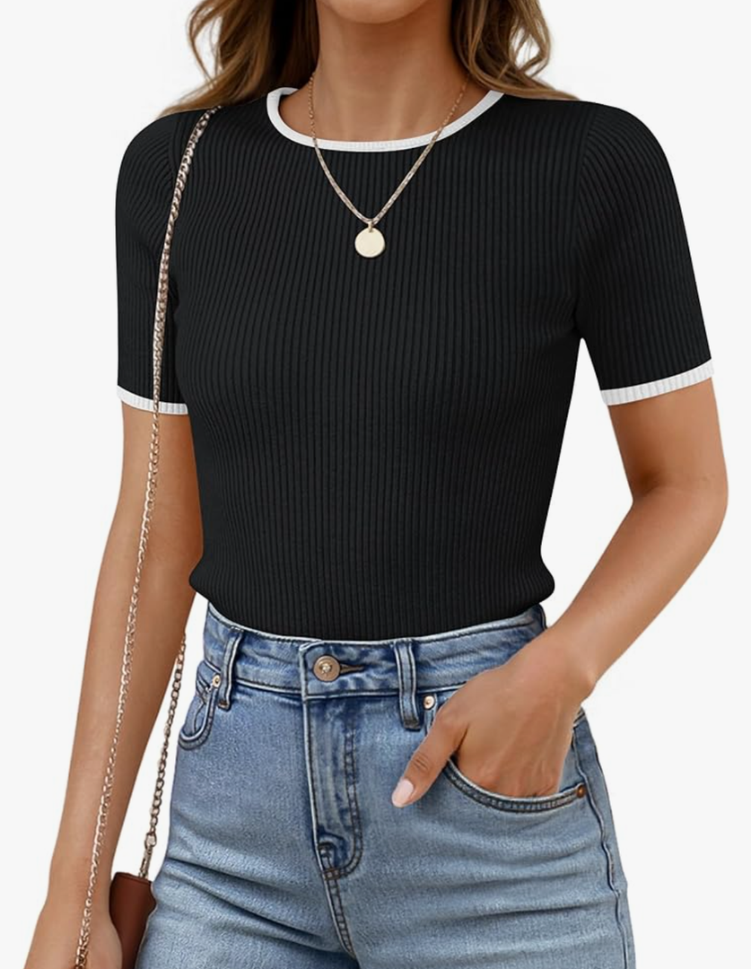 ZESICA Women's Summer Short Sleeve Ribbed Knit Slim Fit T Shirt 2025 Crewneck Basic Casual Color Block Tee Tops, M