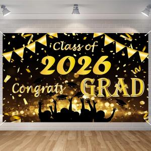 2 x Class of 2026 Graduation Decorations, Seutgjie Black and Gold 70.9 * 43.3 Inch Polyester Congrats Grad Backdrop for Kindergarten Elementary Middle High School and College Graduation