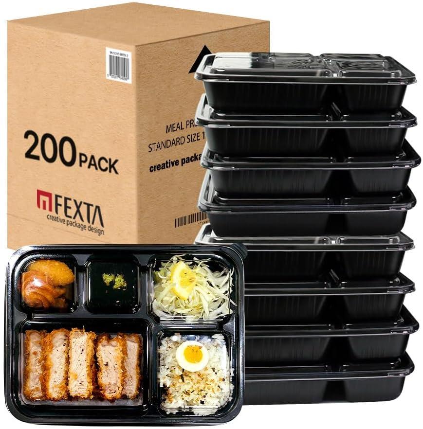 5 Compartment Meal Prep Containers With Lids - (200 Pack) Plastic Food Bento Boxes Stackable Reusable Disposable Microwaveable Safe