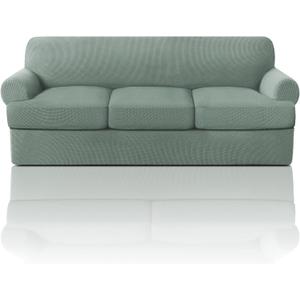 T Cushion Sofa Slipcover 4 Pieces Sofa Covers for T Cushion Sofa Soft Couch Cover Sofa Slip Covers Furniture Covers with 3 Individual T Cushion Shape Seat Covers Machine Washable, Sage