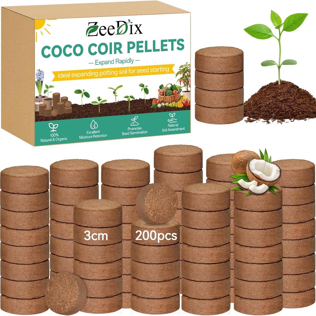 ZeeDix 200pcs(30mm) Coco Coir Pellets Potting Soil Indoor Plants, Compressed Coconut Coir Soil Pellets Seed Starting Pellets Discs for Planting Flowers Bonsai Herbs Plants and Vegetables
