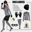Women's Robber Costume, Thief Cosplay T Shirt, Burglar Costume Set | Striped shirt, beanie hat, socks, eye mask, gloves, Drawstring canvas purse for Halloween Cosplay Party L