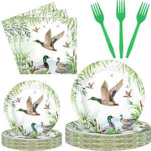Sunnyray 96 Pcs Mallard Duck Party Decorations Supplies Duck Hunting Birthday Party Tableware Set Mallard Baby Shower Plates Napkins Forks for 24 Guests