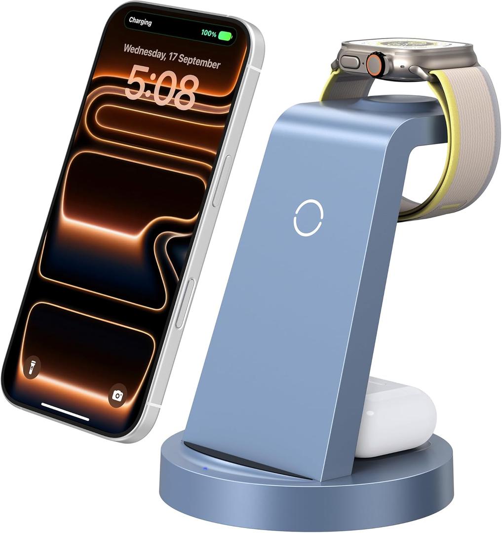 Anlzm 3 in 1 Charging Station for iPhone, Wireless Charger for iPhone 17 16e 16 15 14 13 12 11 X Pro Max & Apple Watch - Charging Stand Dock for AirPods (Blue)