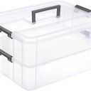 JUXYES 2-Tiers Stack Carry Storage Box With Handle, Transparent Stackable Storage Bin With Handle Lid Latching Storage Container for School & Office Supplies