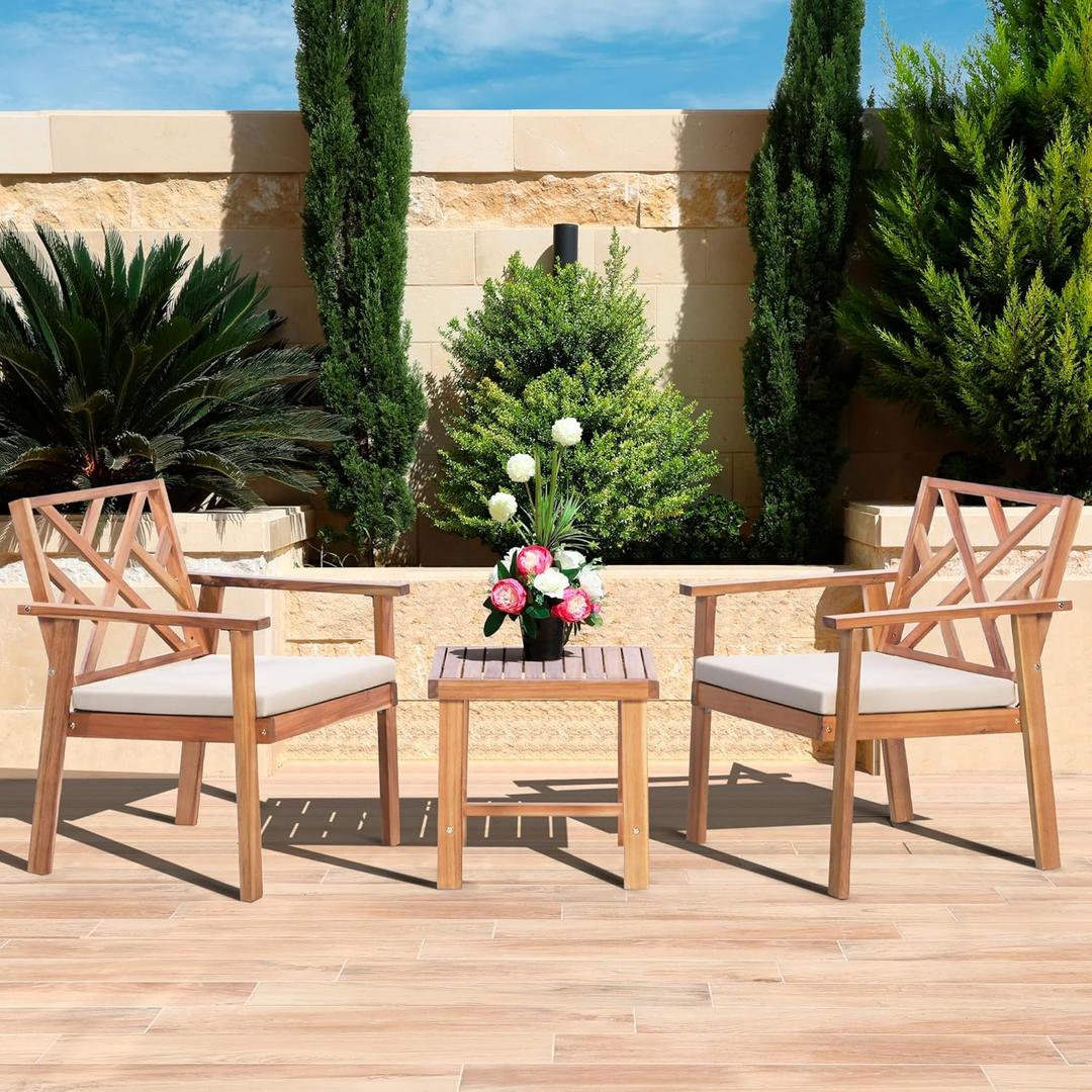 3 Piece Outdoor Patio Furniture Set, Wooden Conversation Patio Set with Padded Cushion Chairs and Coffee Table, Acacia Wood Lounge Conversation Set for Porch Balcony Deck Backyard
