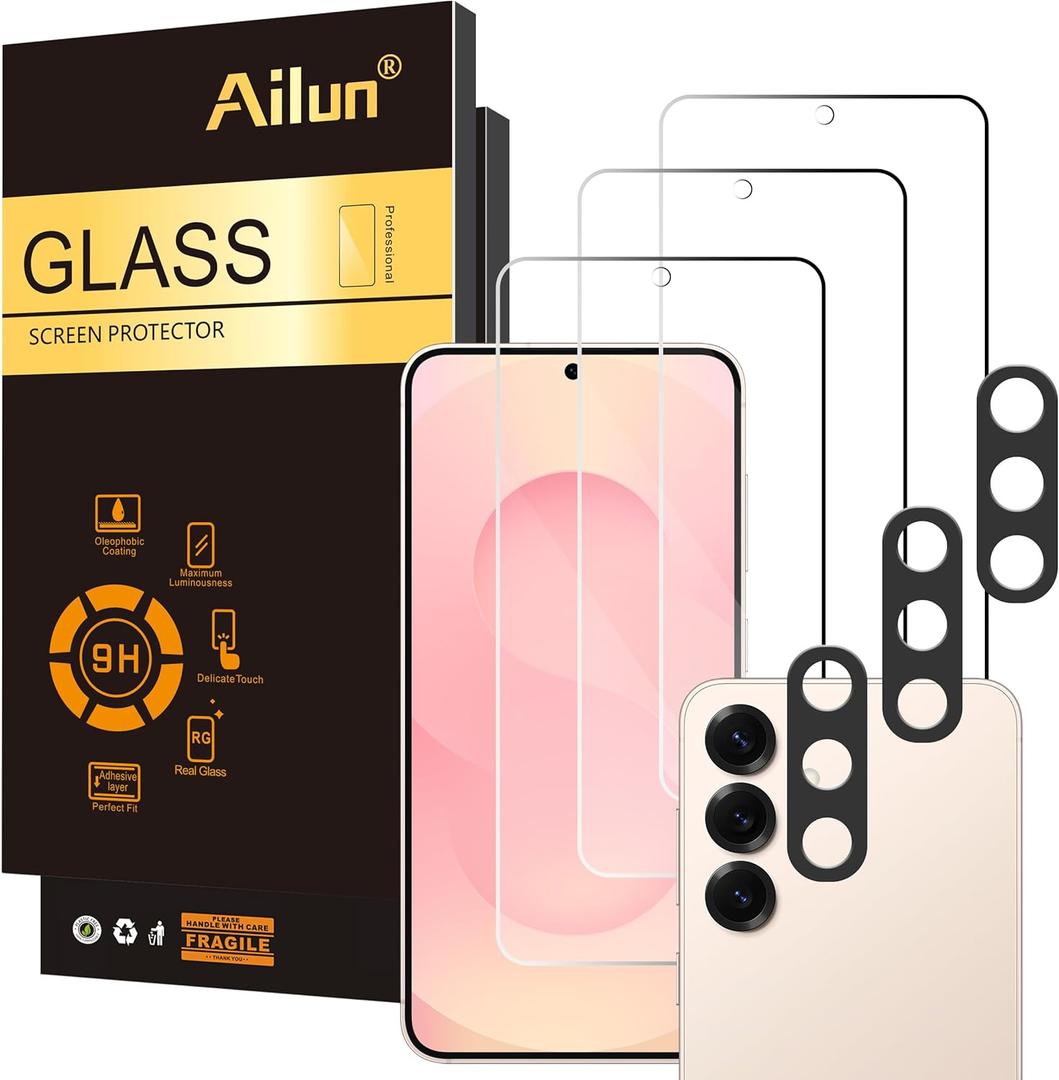 Ailun Glass Screen Protector for Galaxy S25 3 Pack + 3 Pack Camera Lens Tempered Glass Fingerprint Unlock Compatible 0.25mm Anti-Scratch Case Friendly Clear - HD [Not For S25 Plus/S25 Edge/S25Ultra] (Transparent)
