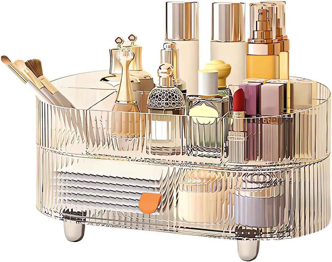 DASITON Makeup Organizer with Drawer,6 Slots Stackable Makeup Brush Holder,Skincare and Cosmetic Organizer for Bathroom Vanity Countertop Makeup Storage for Cosmetics,Brushes,Lipstick and Jewelry (1 Tray + 1 Drawer, Clear)
