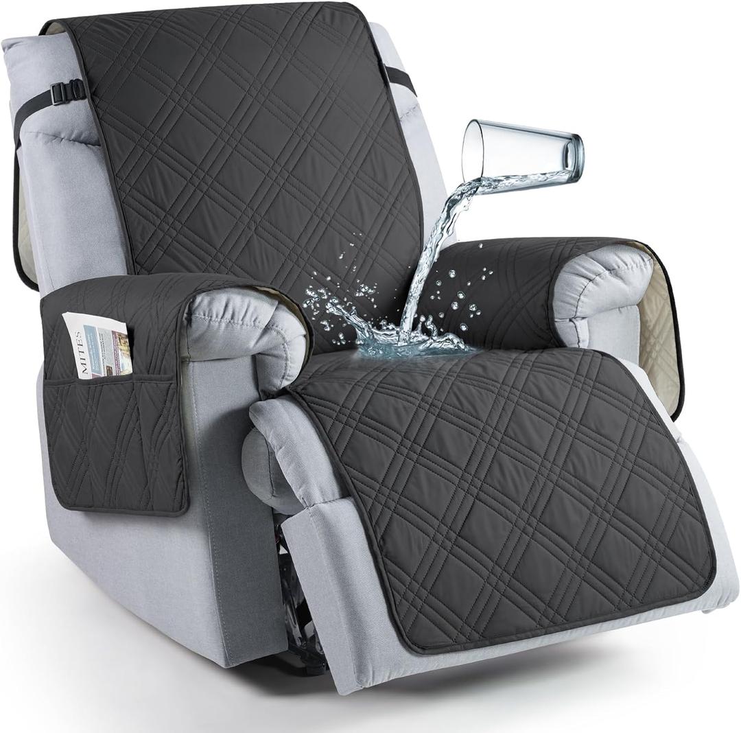 TAOCOCO 100% Waterproof Recliner Chair Cover, Recliner Cover Stay in Place for Recliner Chair with Pocket, Reclining Dog Chair Cover Furniture Protector for Kids, Pets(23.6'', Charcoal Gray)