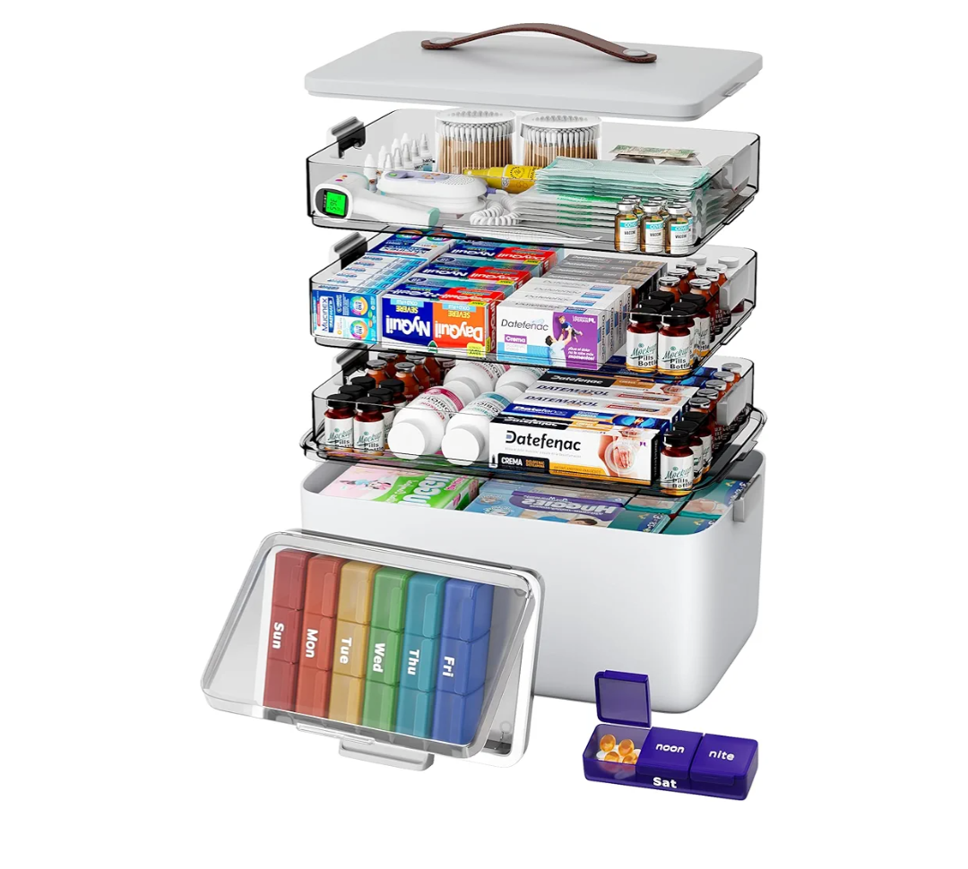 CTIME 4-Tier XL Medicine Organizer with Leather Handle - Portable Pill Case & Empty First Aid Kit for Home, Travel, RV, School, Dorm | Ideal Elderly Gift