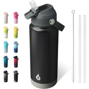 BJPKPK Water Bottle with Straw Lid, 24oz Vacuum Insulated Water Bottles, Metal Stainless Steel Thermos for Sports, Travel, BPA Free Leak Proof Thermos, Cups, Flasks, Tumblers,Black