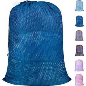 Polecasa Extra Heavy Duty Large Diamond Mesh Laundry Bags with Drawstring Closure & ID Tag, 24 x 36 inches Washable Storage Bag for College, Travel, Sports, Dorms, Blue