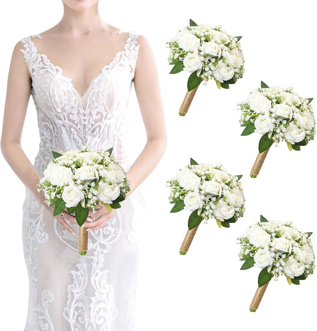 Set of 4 Bridesmaid Bouquet White Wedding Flowers Bouquets - Artificial Rose and Baby's Breath Rustic Small Floral Bouquet for Bridesmaid Fake Sage Green Boho 7 inch Wedding Decor
