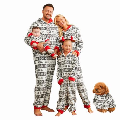 PopReal Christmas Pajamas for Family Onesies Plus Size and Dog, Matching PJs Hoodie Sleeper Snowflake Plush Cozy Warm Kids 90, S