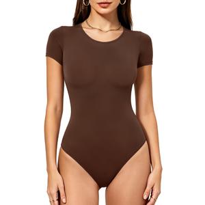 Mobeso Women's Round Neck Short Sleeve Bodysuit Double-Lined Body Suits Basic T-Shirt Tops for Women Cocoa M (Brown, M)