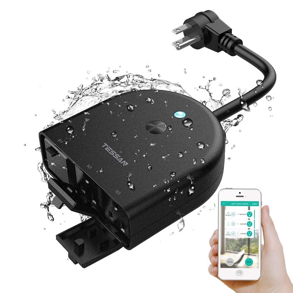 Outdoor Smart Plug Waterproof, TESSAN WiFi Smart Outlet Switch with 3 Individual Sockets Compatible with Alexa Google Home, Remote Control and Timer Function, 2.4GHz Wi-Fi Only (Frosted Black)