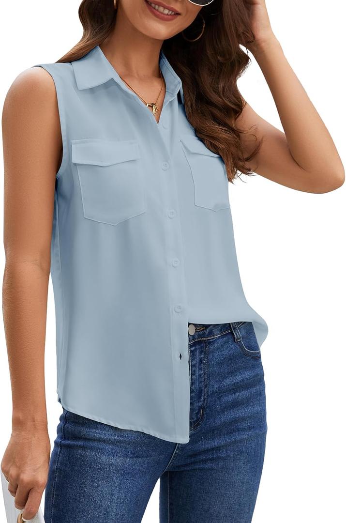 YAMANMAN Women's Sleeveless Button Down Shirts Blouses Solid Casual Tank Top Loose V Neck Summer Top for Work (Blue, S)