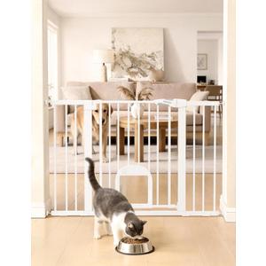 Babelio 29-48" Extra Wide Baby Gate with Adjustable Cat Door,Easy Install Pressure/Hardware Mounted,Auto Close Pet door for Stairs,House,Doorways,Effortless Walk Thru,White