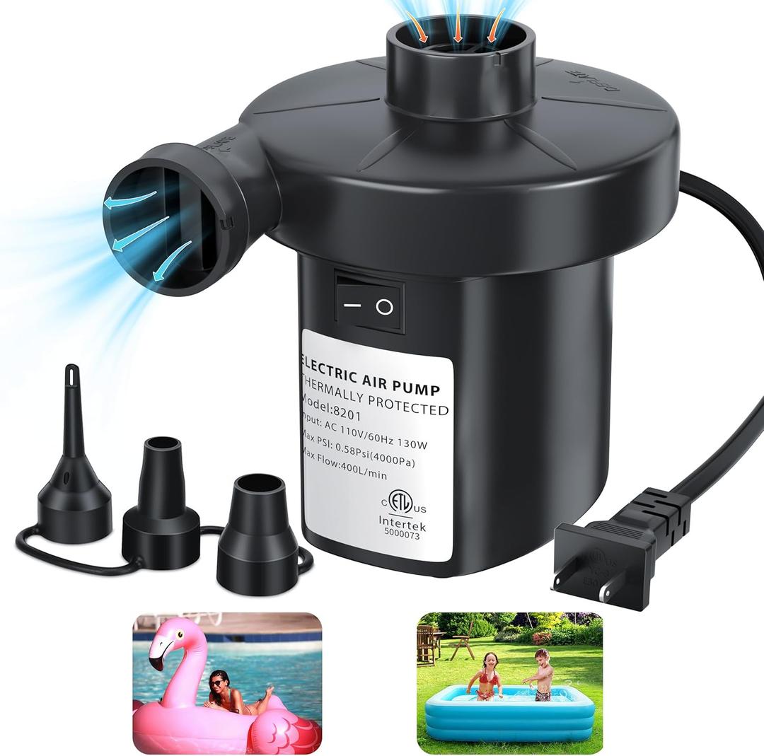 Electric Air Pump for Inflatables Air Mattress Pump Electric Pump with 3 Nozzles Inflator Deflator Air Pump for Air Mattress Beds Pool Floats Swimming Ring AC 130W