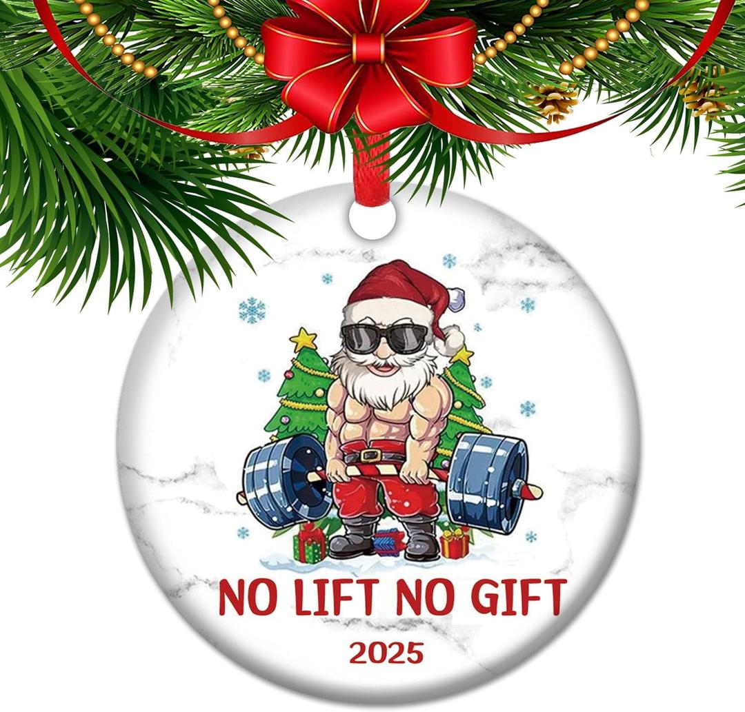 No Lift no Gift - Santa Weightlifting Christmas Ornaments 2025, Gym Trainer Gift, for Athlete, Powerlifter Ornament Keepsake, Gym Bro Gifts (V1)