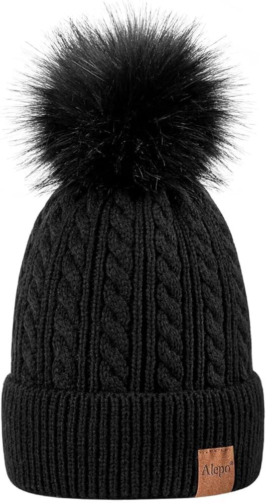 Alepo Womens Winter Beanie Hat, Warm Fleece Lined Knitted Soft Ski Cuff Cap with Pom Pom