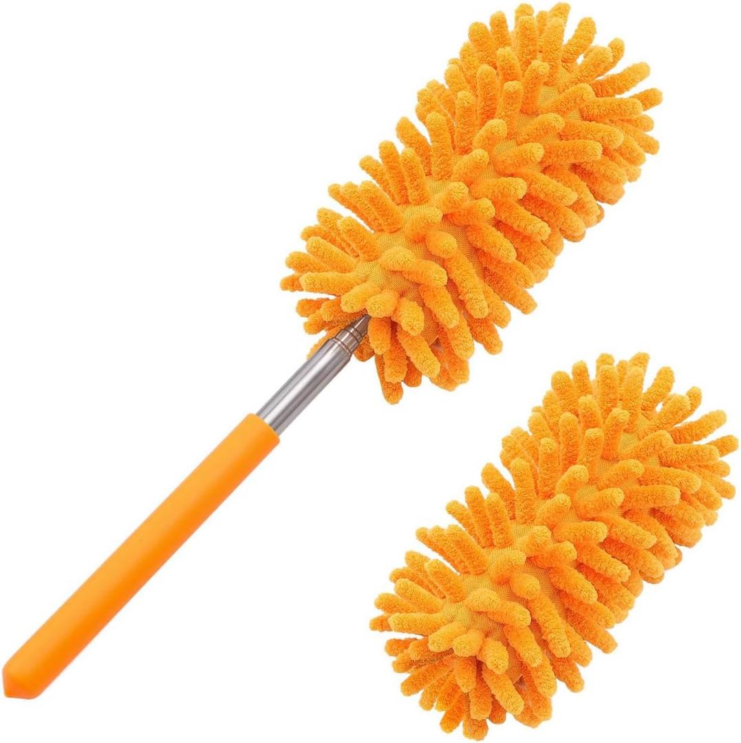 Microfiber Duster for Cleaning, Tukuos Hand Washable Dusters with 2pcs Replaceable Microfiber Head, Extendable Pole, Detachable Cleaning Supplies for Office, Car, Window, Furniture, Ceiling Fan (Orange)