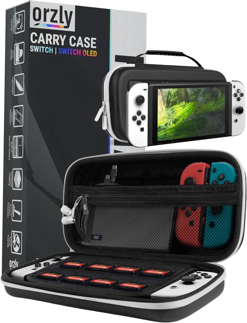 Orzly Carrying Case for Nintendo Switch OLED Console with Accessories and Game Storage Compartment - Easy Clean Case Gift Boxed (Black)