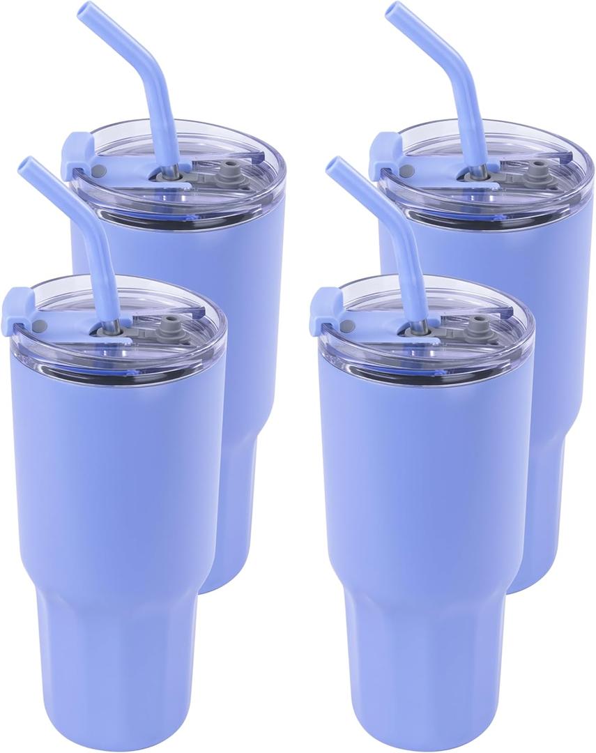 VEGOND 30 oz Insulated Stainless Steel Tumblers with lid and straw Bulk Pack Double Wall Vacuum Coffee Mug with Non-Slip Silicone Base, Sweat Proof Powder Coated Cup for Hot Cold Drinks, Blue 4Pack