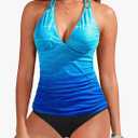 Yonique Womens Two Piece Swimsuits Tummy Control Tankini Plus Size Bathing Suit Halter V Neck Swimwear Blue/Black XL