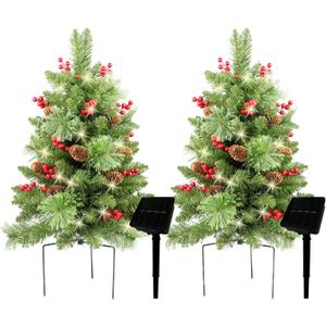 Solar Christmas Tree 30 inch Prelit 2 Set Pathway Porch Christmas Trees Pre-Light LED Battery Operated Outdoor Xmas Decor for Entrance Driveway, Yard, Garden